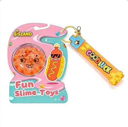 orange clear glass slime with sausage squeeze keychain 