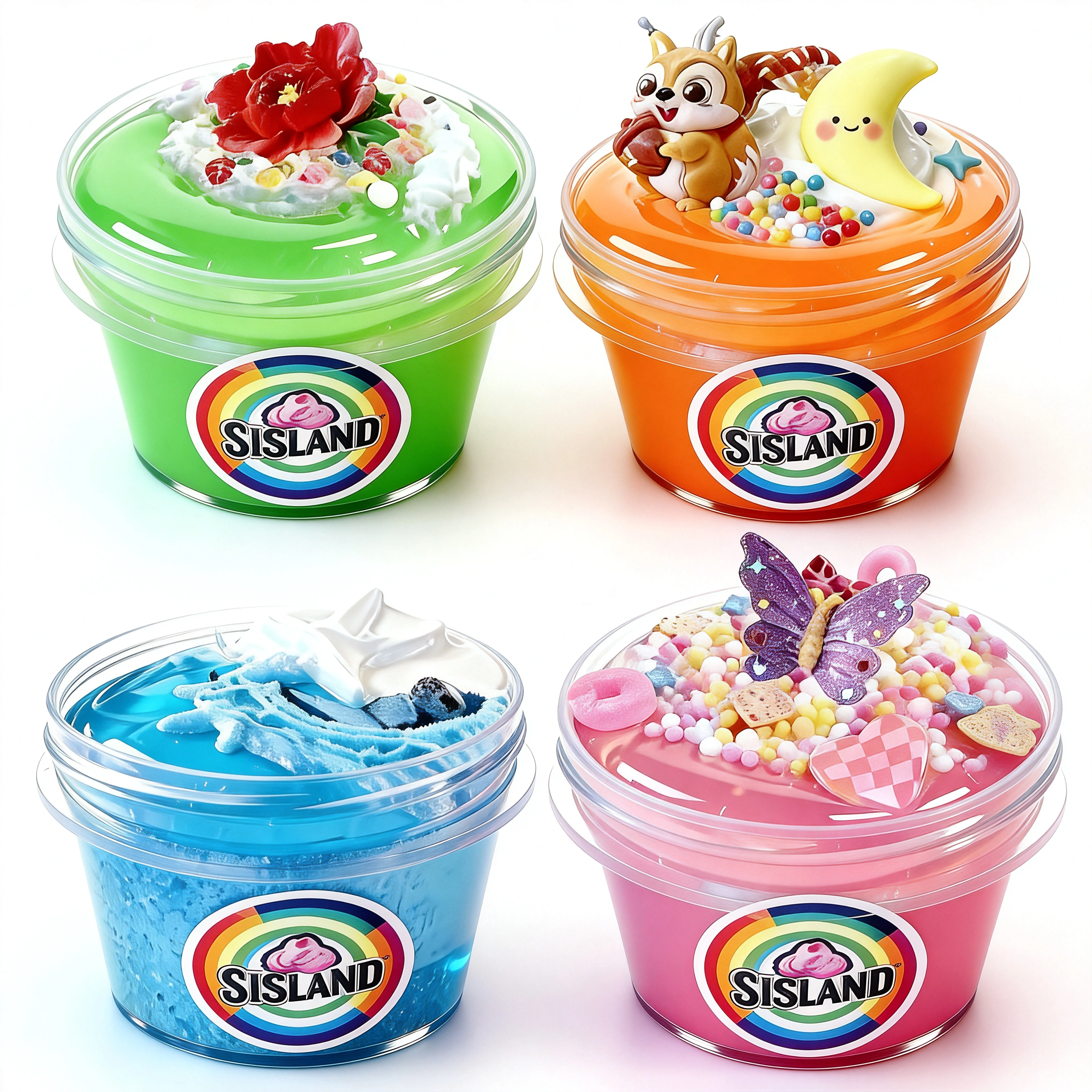 clear glass slime cups in green, orange, blue, and pink with decorative charms