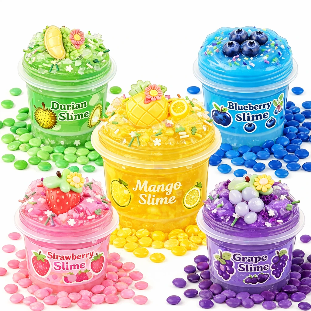 Colorful fruit jelly slime set with mango, strawberry, grape, blueberry and durian jars, non sticky slime toy for