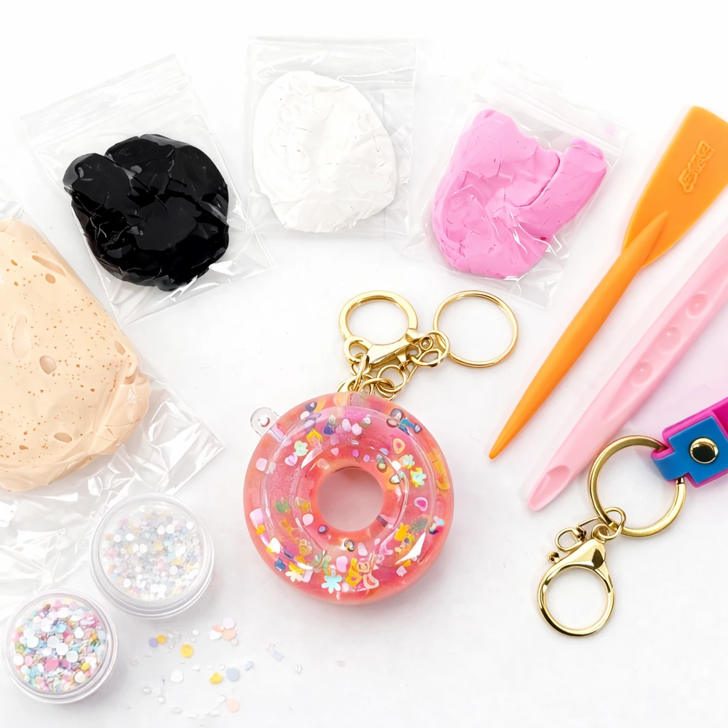 DIY clay keychain making kit materials laid out, air dry clay, tools and donut base