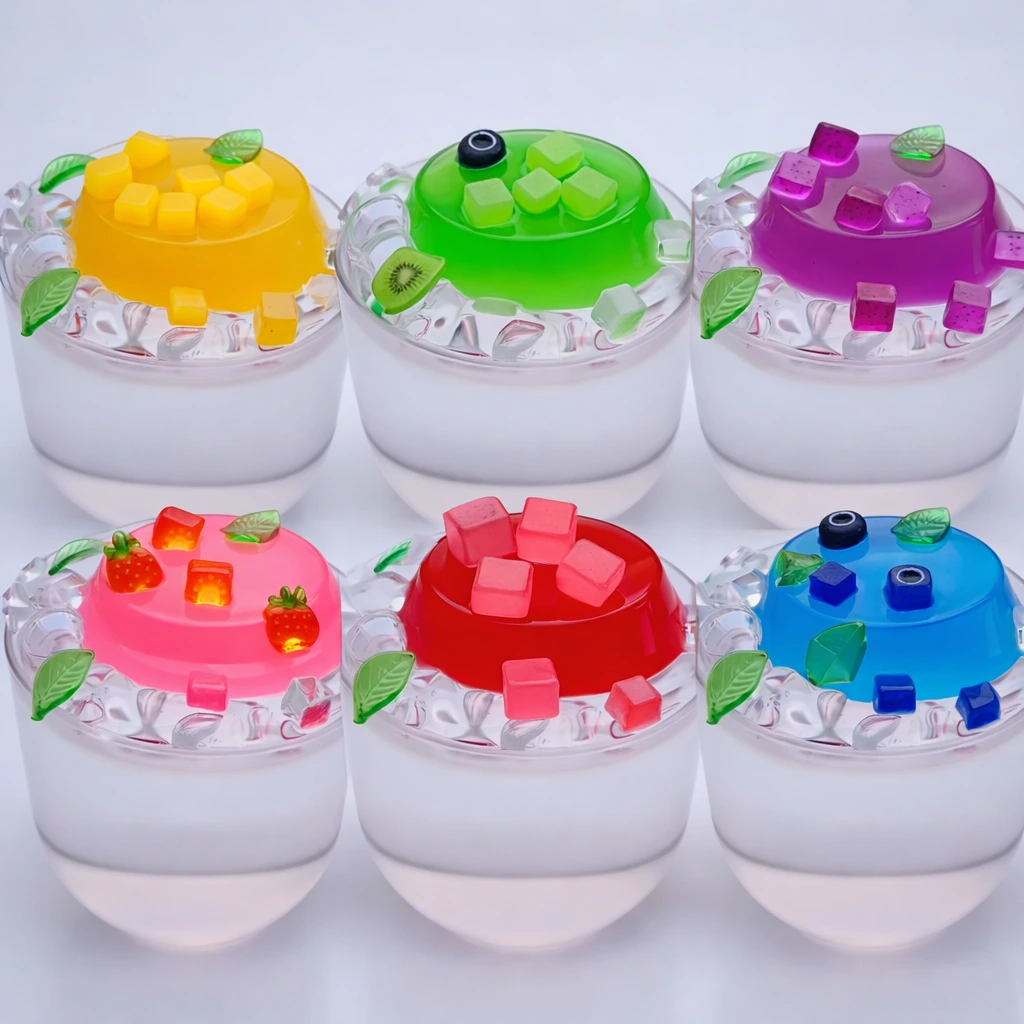 colorful clear glass slime cups with fruit cube decorations set
