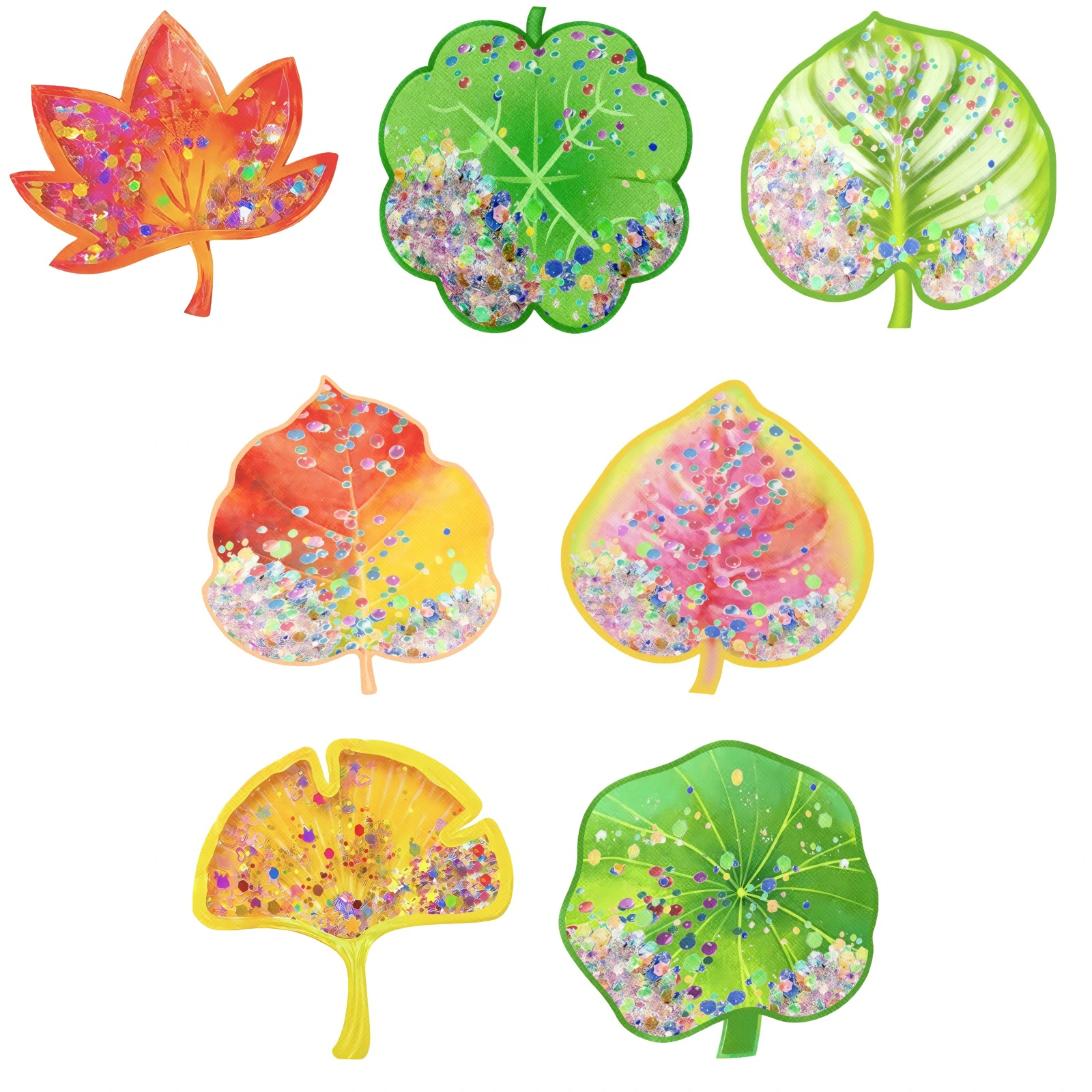 Koleksi tatakan gelas resin menampilkan berbagai desain berbentuk daun dengan serpihan tertanam berwarna-warni