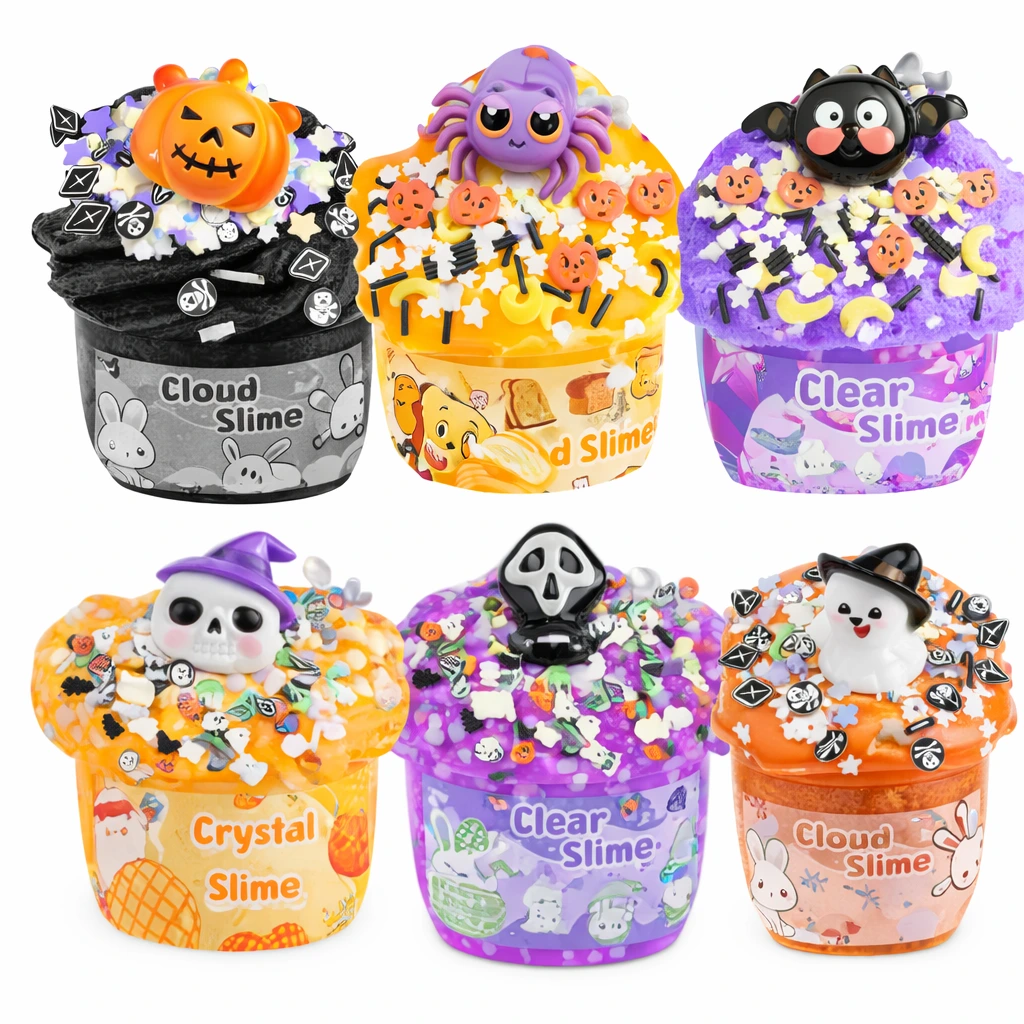 Halloween slime set with cloud slime and clear slime textures for squishy stress relief play