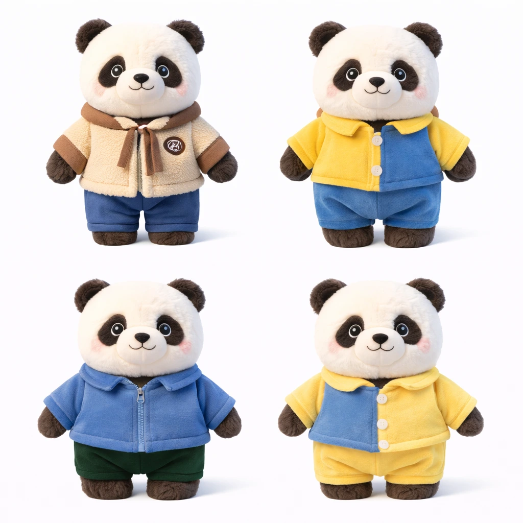 Плюшевая игрушка панда в четырех разных нарядах