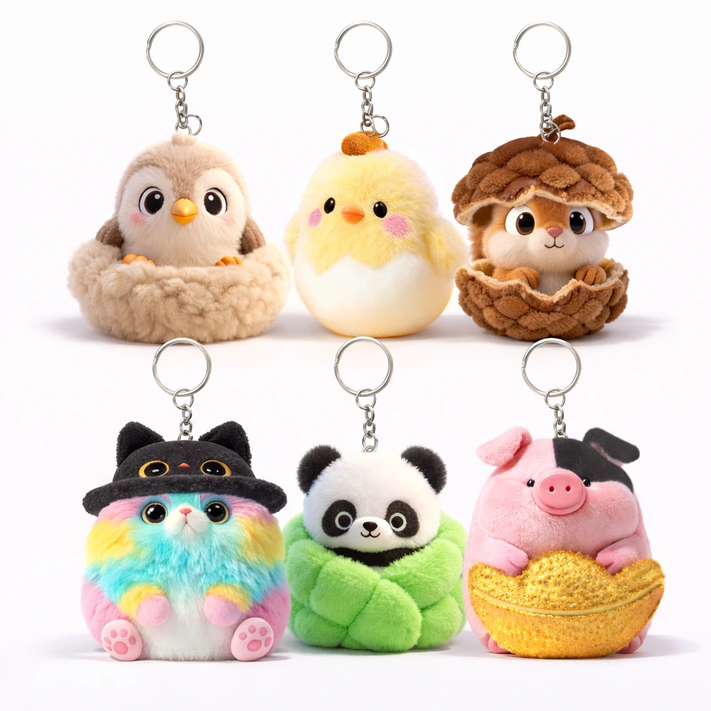 ひよこ、フクロウ、猫、パンダ、豚を含む柔らかいぬいぐるみキーチェーンセット