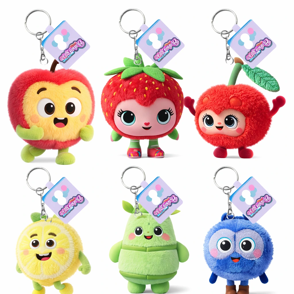 interactive plush keychain pull toy set with fruit characters