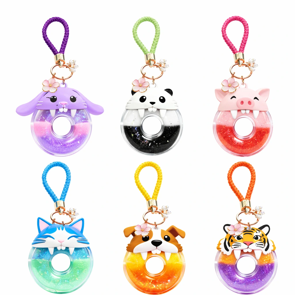 liquid animal glitter keychain set with cute pull toy designs