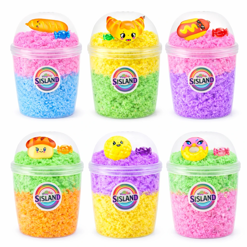 Layered magic sand cups with cute food squishy toppers,