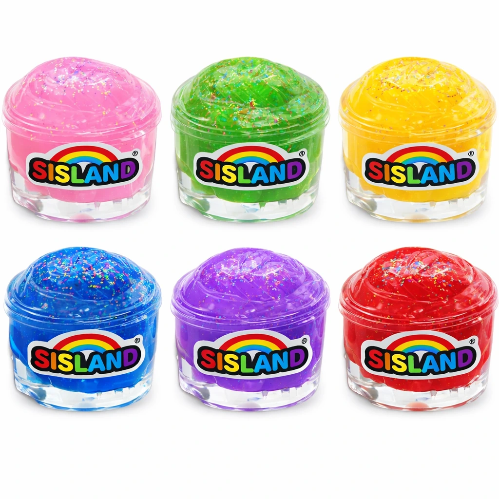 Klarer Schleim in den Farben Rosa, Grün, Gelb, Blau, Lila, Rot mit Glitzer