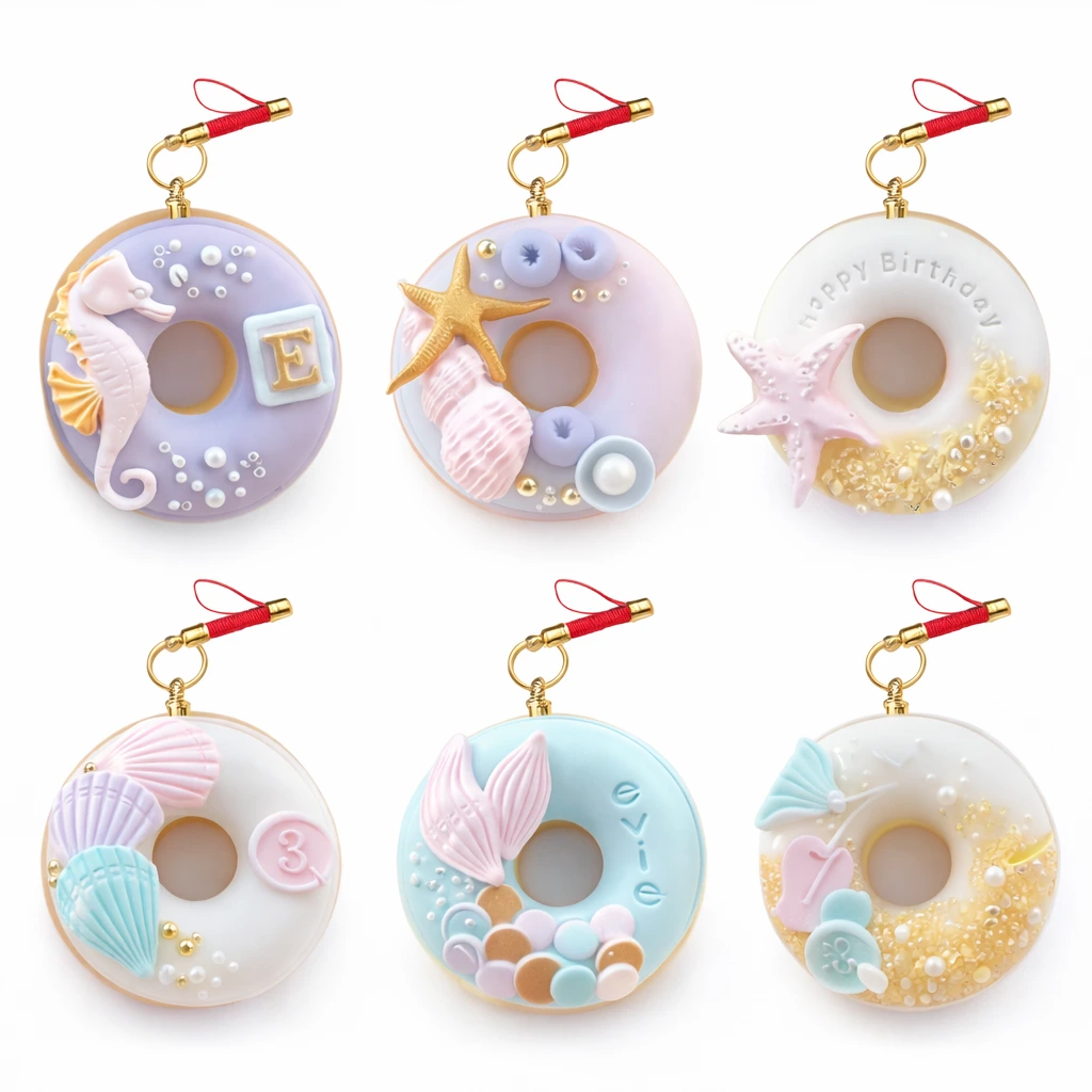Брелки из глины-пончика на океанскую тематику с морскими ракушками, морскими звездами, жемчугом и пастельными тонами