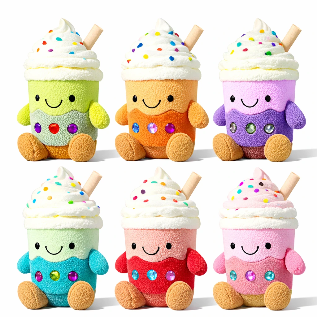 笑顔とカラフルなクリーム色のかわいいミルクティーぬいぐるみセット