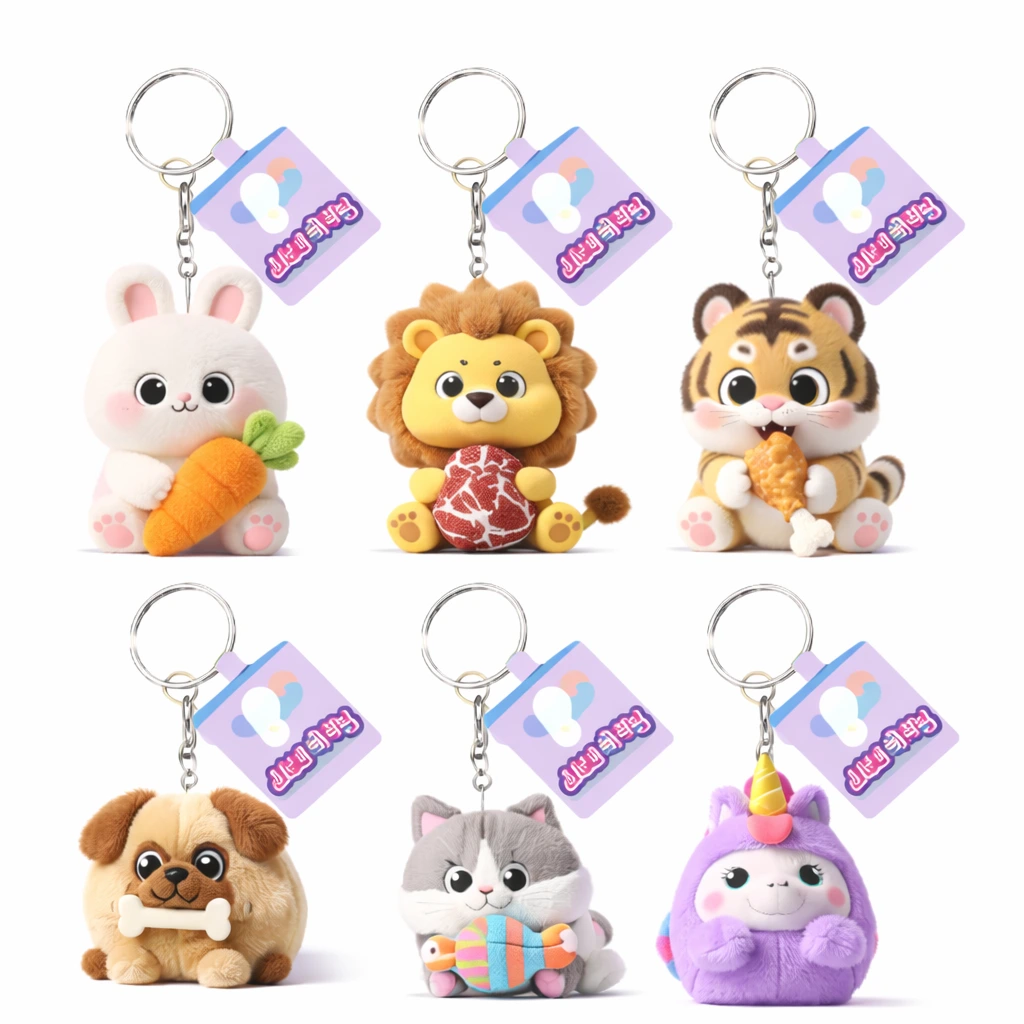 食べ物を持ったバニー、ライオン、トラ、犬、猫、ユニコーンのキャラクターが入った磁気ぬいぐるみキーホルダー