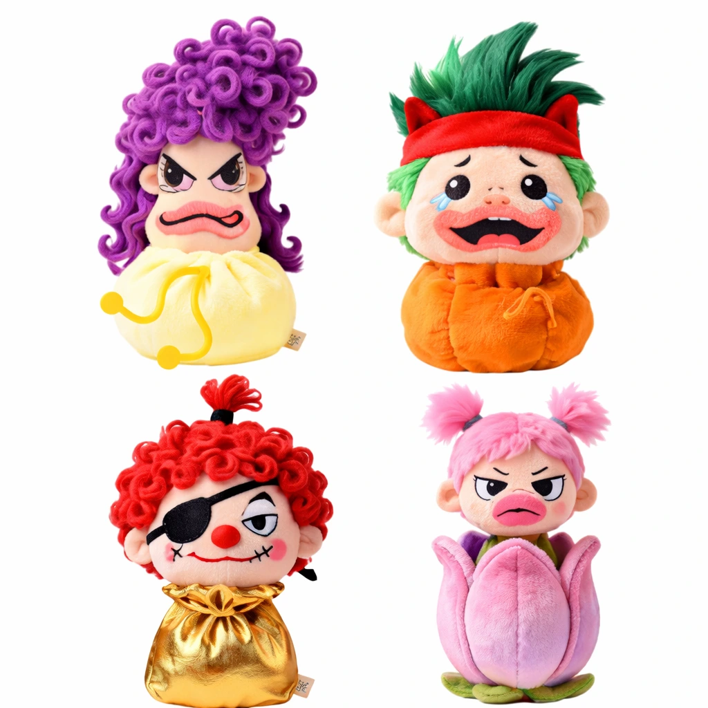 Four quirky soft plush dolls with exaggerated facial expressions in purple, orange, red, and pink outfits