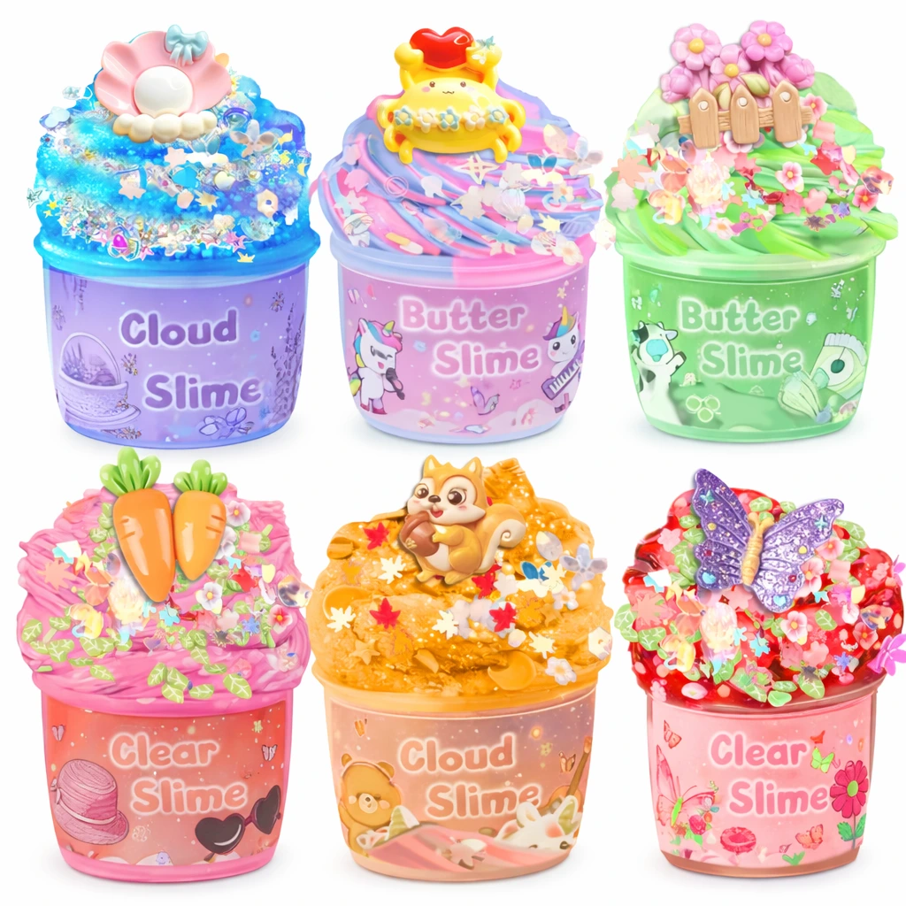 colorful seasonal slime set with cloud slime butter slime and clear slime