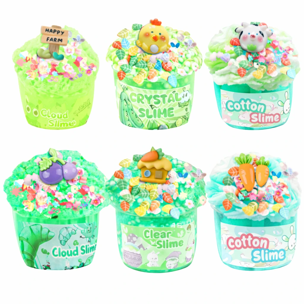 happy farm themed slime toys set including clear slime cotton slime and cloud slime with animal decorations