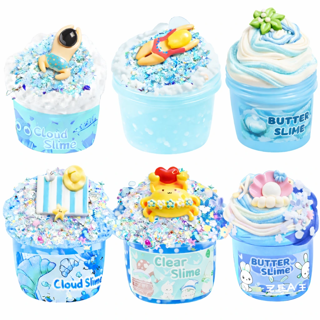 Blue ocean slime toys set including clear slime, butter slime and cloud slime