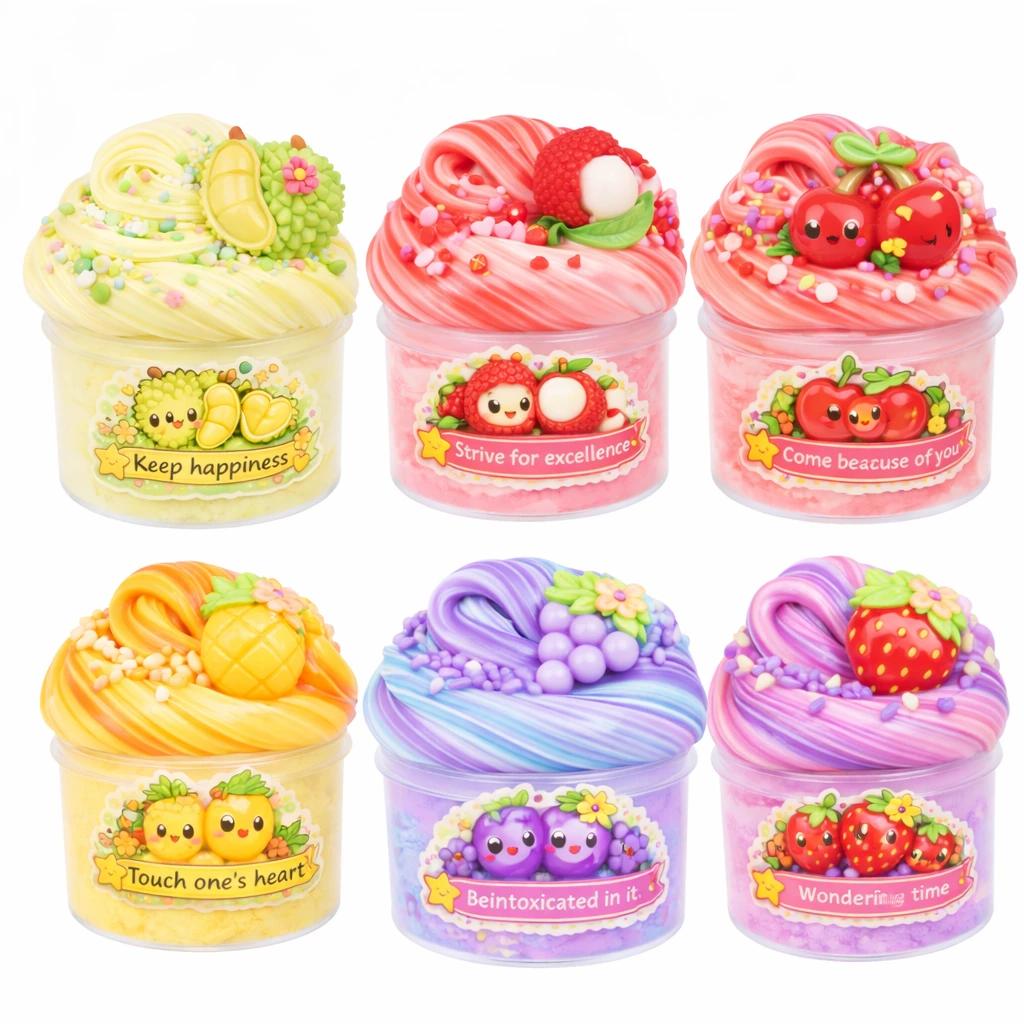 フルーツをテーマにしたバタースライムのおもちゃキット、粘土とフルーツのチャーム付き