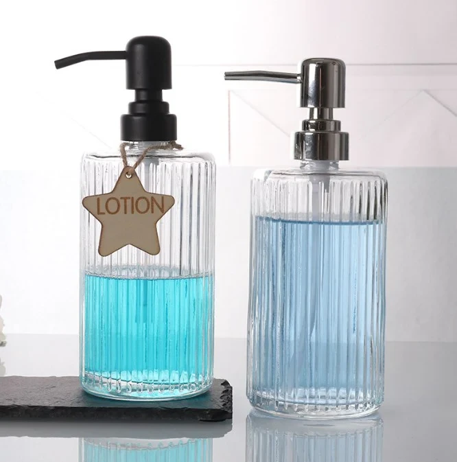 Distributeur de savon en verre à cylindre vertical, avec pompe distributrice de savon pour remplacement 1