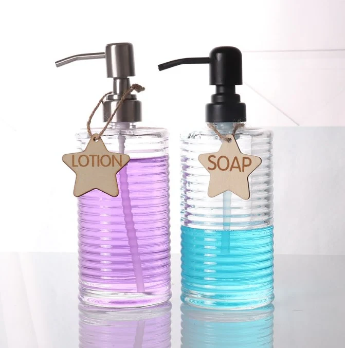 Horizontal Stripes Cylinder Clear Glass Bottle For Soap Dispenser 1
