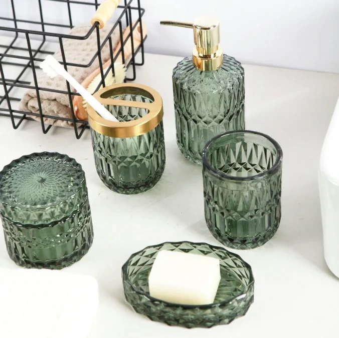 European Style Luxurious Glass Soap Dispenser Toothpaste Holder Soap Dish Set 1