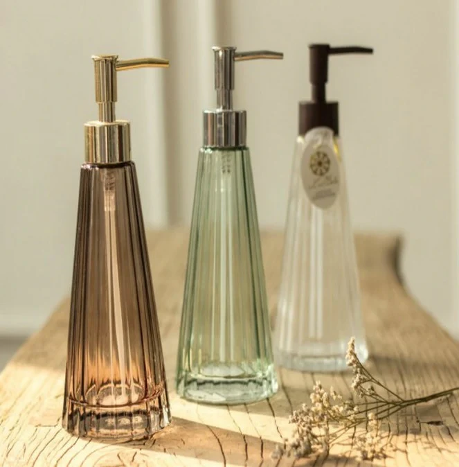 European Style Conical Shape Glass Soap Dispenser with Plastic/ Stainless Steel Pump 1