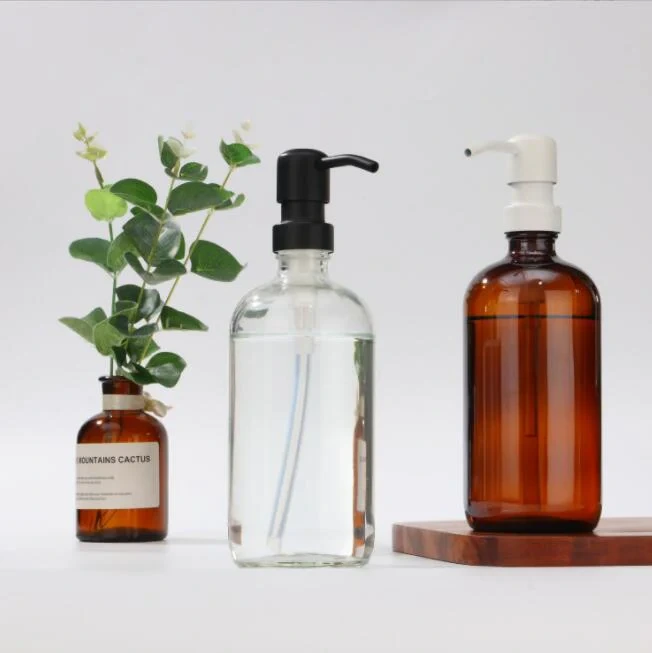 Amber Glass Bottle Boston Bottle Soap Dispenser With Replacable Stainless Steel Pump GB-500-1 1