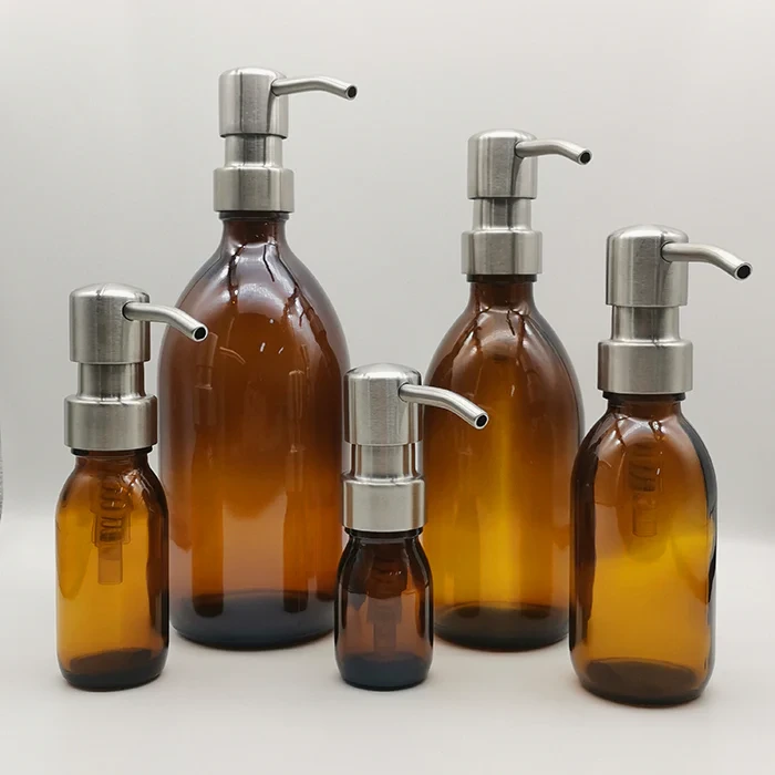 Amber Brown Various Size Glass Soap Dispenser with Stainless Steel Pumps 1