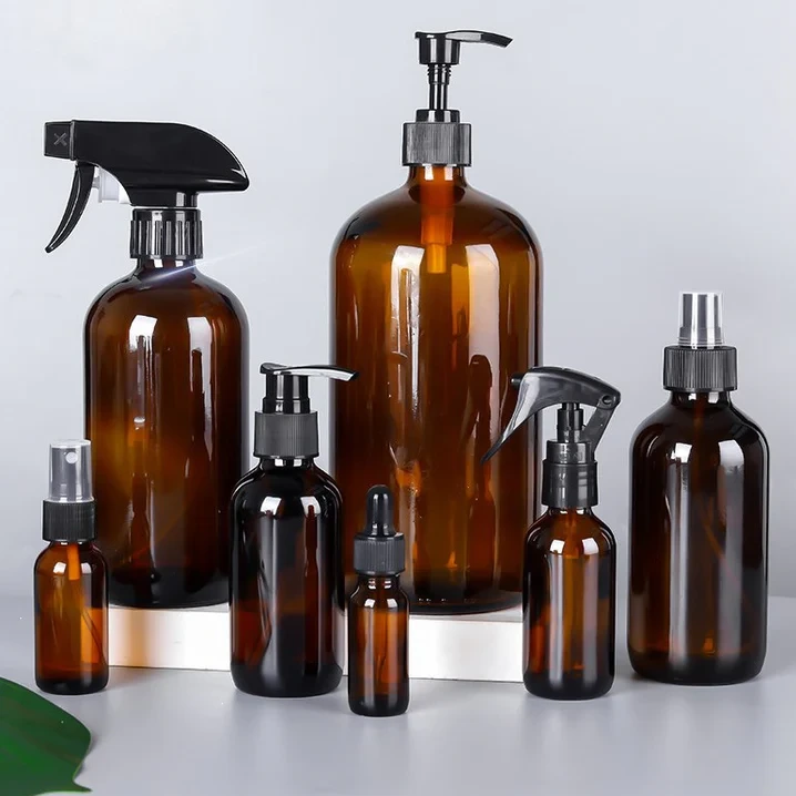Amber Glass Bottle Boston Bottle Soap Dispenser With Replacable Stainless Steel Pump GB-500 1