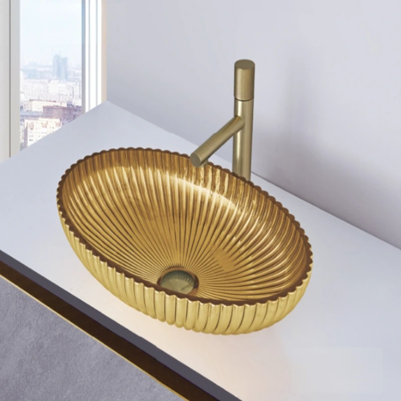 Modern Style design Golden color Oval Shape glass basin bathroom sink 1