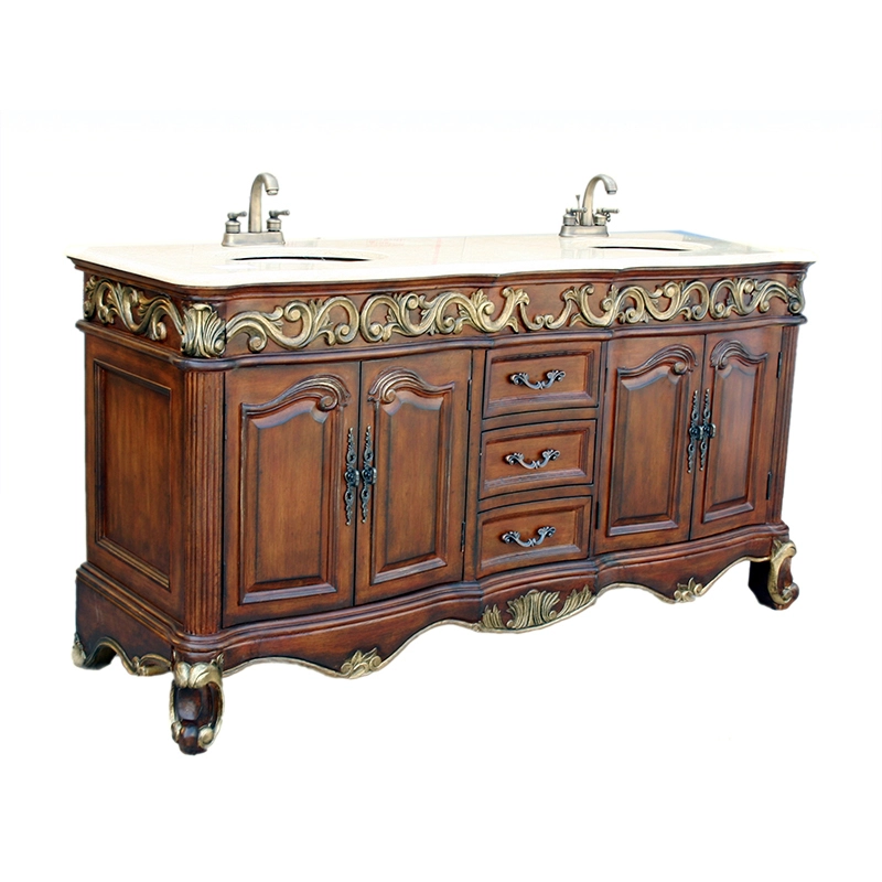 Antique Bathroom Vanity 68 Inch Hand Cared With Double Sink ，Solide Wood  Carrara Natural Marble, Three Drawers Four Doors 1