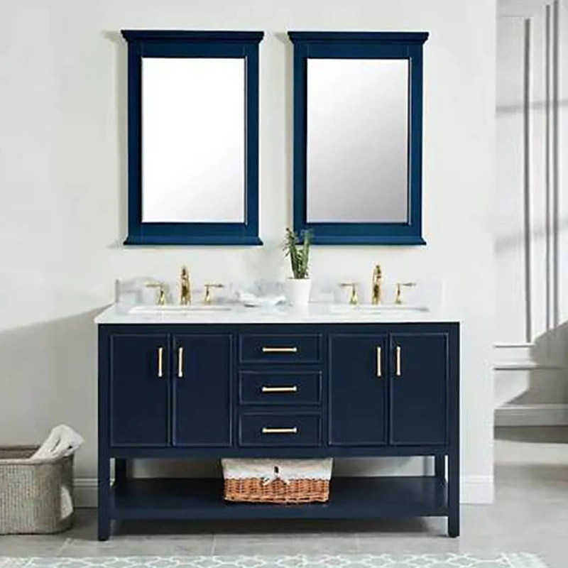 Solid Wood + Nature Marble Modern Blue Bathroom Vanity 30 Inch With 3 drewers and 4 doors 1
