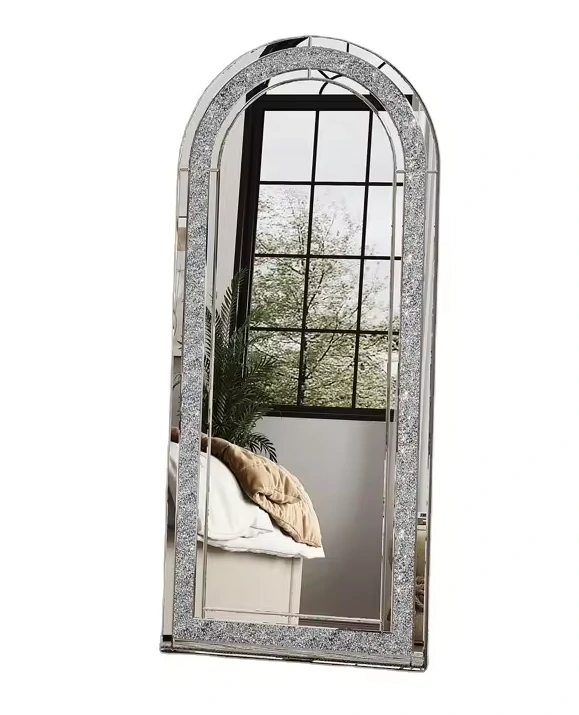 Espejo de piso con parte superior arqueada y marco de vidrio de tamaño y color personalizados con diamante triturado 1