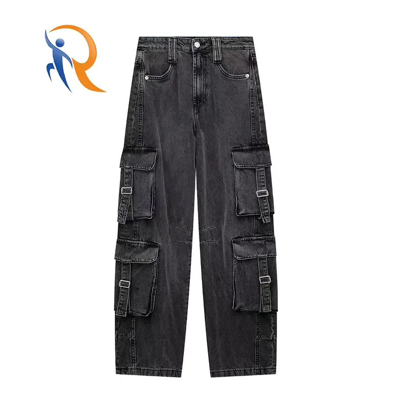 2024 New Fashion High Waist Distressed Denim Wide Leg Pants Multi-Pocket Design Cargo Pants for Women 1