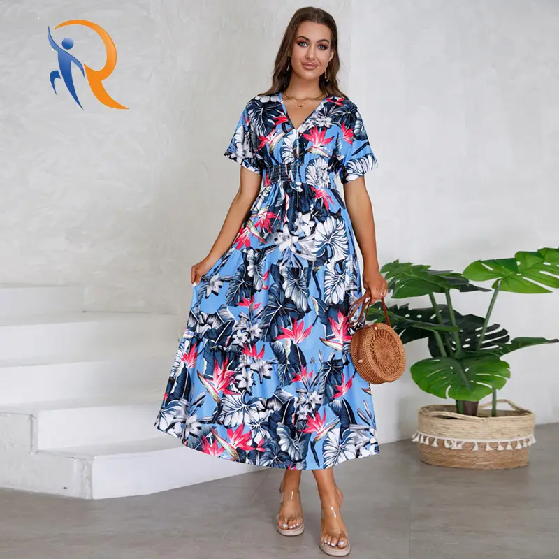 2024 Hot Sales Summer Slim Fit Dress Cotton V-neck Design Floral Dress for Women 1