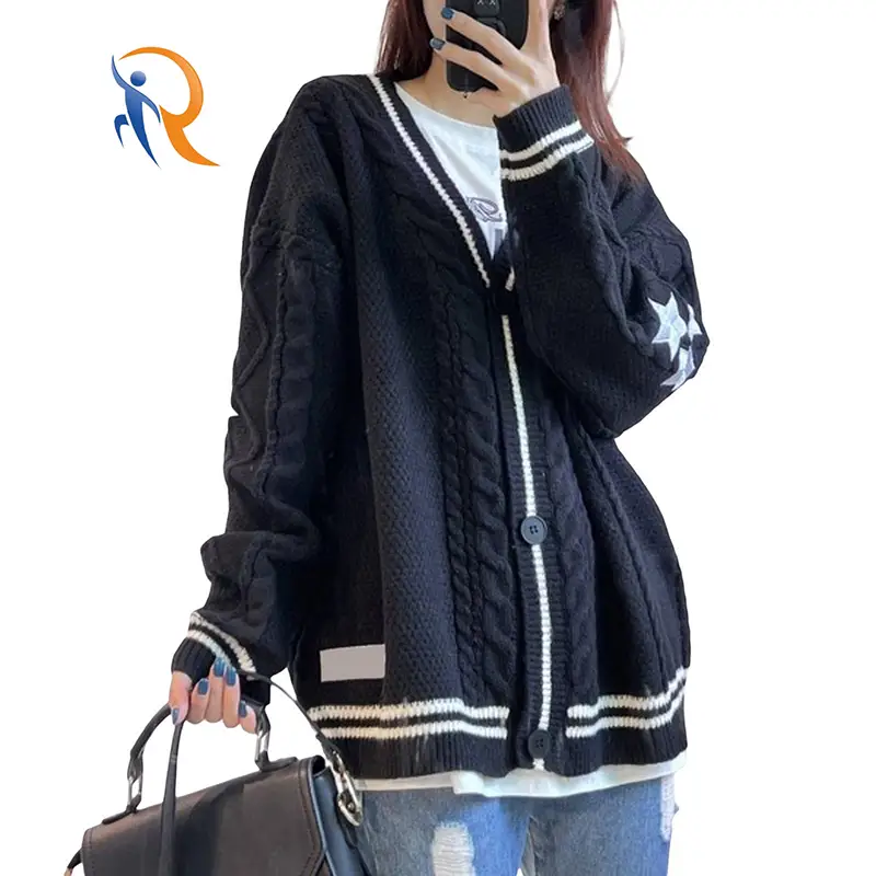 2024 New Factory Wholesale Knitted Embroidered Top V Neck Design High Quality Street Loose Casual Sweater 1