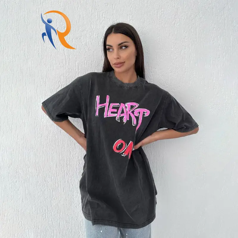 2024 Hot Sale Washed Distressed Round Neck T-Shirt Loose American Print Street Style T-Shirt 1