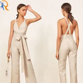 2024 New Fashion Deep V-neck Sleeveless Sexy Beauty Back Slim Fit Straight Jumpsuits for Women 1