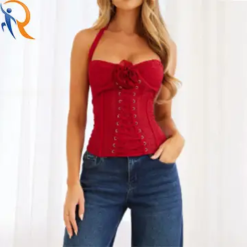 2024 New Fashion Sexy Lace Overlay the Body Sexy Backless Eyelet Lace up Tops for Women with Rose 1