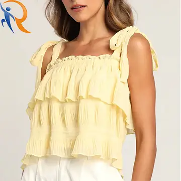 2024 Summer New Style  Sweet Lady Double Ruffled Square Neckline Halter Back Cropped Top 1