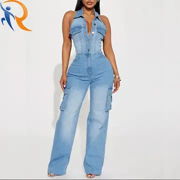 2024 Summer Factory Wholesale New Style Fashion Sexy V-Neck Halter Lapel Denim Single-breasted Slim Fit Womens Jumpsuit 1