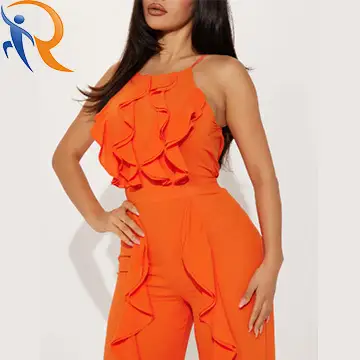 2024 Summer Factory Wholesale Fashion Ruffles Orange Round Neck Halter Backless Solid Dress Jumpsuit Romper 1