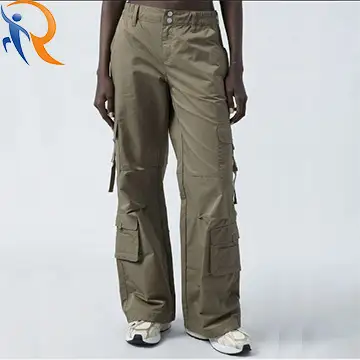 2024 New Fashion Womens Green Elastic Waist Cago Pants With Multiple Pockets 1