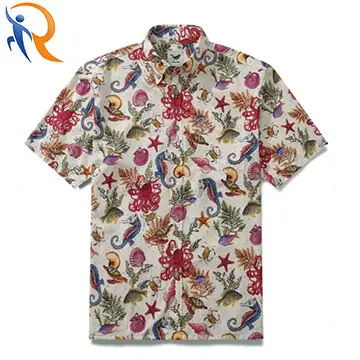 2024 Summer Mens Beach Shirts in Fashion Marine Animal Digital Printing Pattern Comfortable Qick Dry Cotton Shirts 1