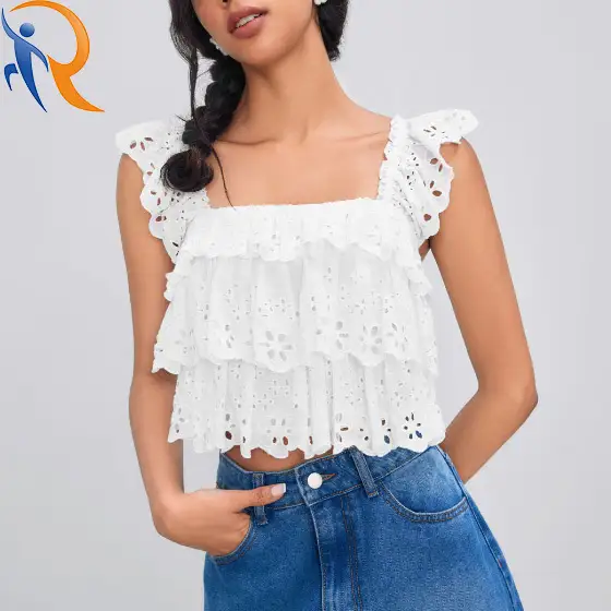2024 Summer Fashion Womens Solid White Square Collar Cute Lace Up Cropped Top The Edge With Baby Lock And Back with Shirring Panel 1