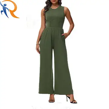2024 Fashion Womens Daily Commuter Wear Sleveless High-Waisted Casual One Piece Outfits Wide-Leg Rompers With Pockets 1
