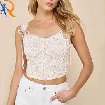 2024 Summer Fashion Women's Popular Sweet Cotton Floral Vest Cure Lace Shoulder Strap Backless With Shirring Panel Scrop Top 1