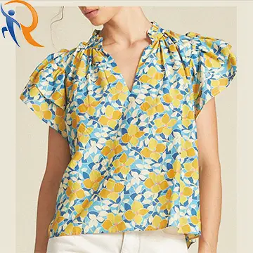 2024 Summer Fashion Women's Popular Sweet Cotton Print Floral V-neck Raglan Short Sleeves Top Doll's Version of Top 1
