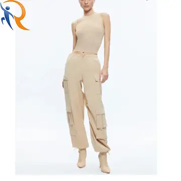 2024 New Fashion Women Popular Mid Waist Salt Sweet Style Romper Beige Multi-Pocket Cargo Pants 1