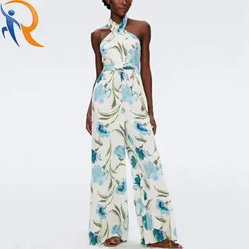 2024 Fashion Sexy Backless Halter Sleeveless Floral Silk Jumpsuit With Belt Wide-Legs Light Blue Pattern For Holiday Wear 1