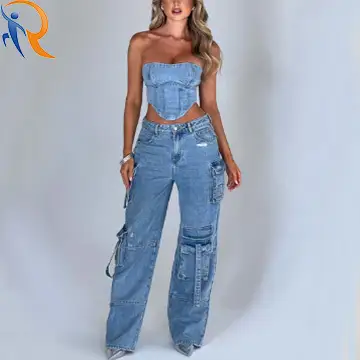 2024 New Fashion High Waist Denim Romper Wide Leg Pants Multi-Pocket With Self Belts Design Cargo Pants for Women-1717123648053172 1
